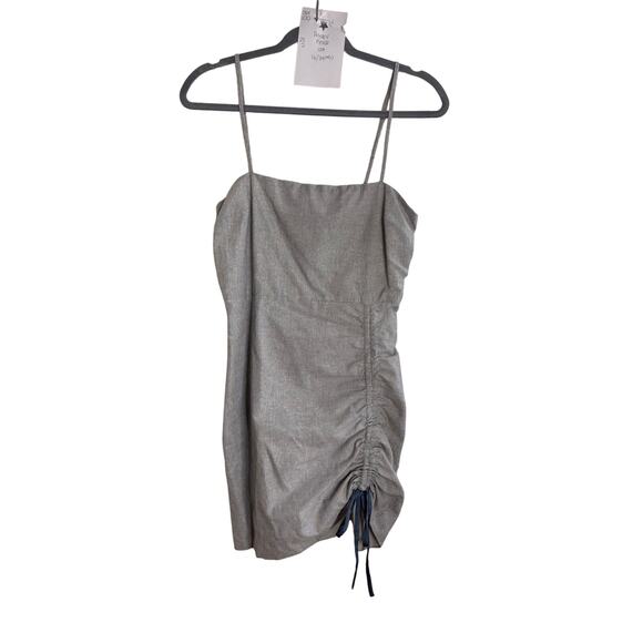 Privacy Please Mini Dress Women's Small Linen Blend Gray Microstripe Ruched - Picture 6 of 6
